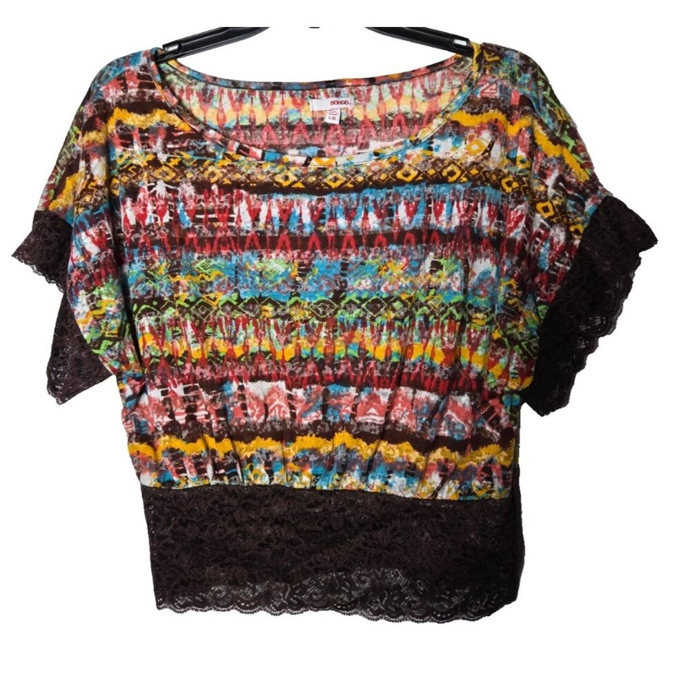 Bongo Women Multicolor Cropped Lace Top Large Boho Hippie Y2K Summer‎ Femine
